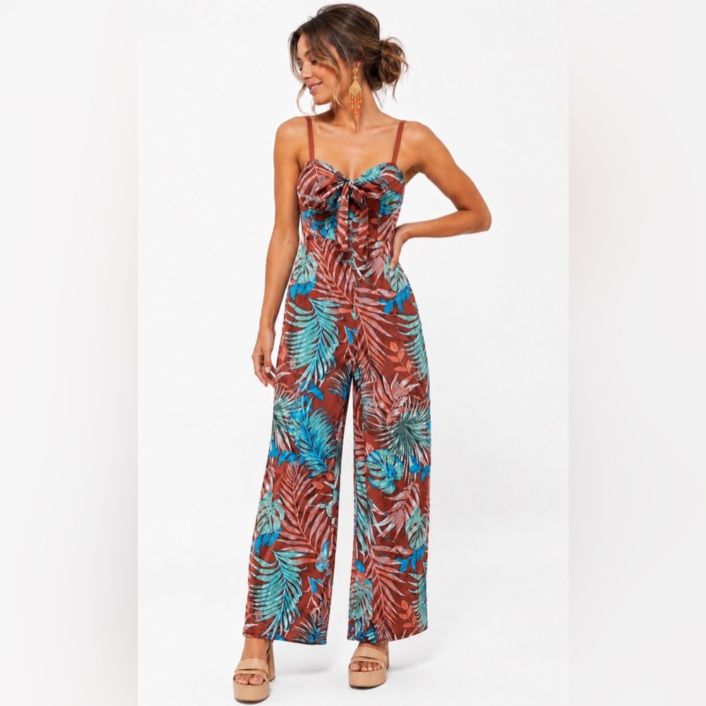 Tropical pattern rust colored sleeveless jumpsuit with pockets
